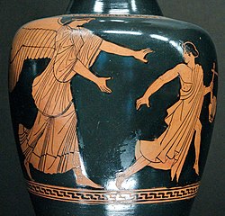 Éos poursuivant Tithon, œnochoé attique du Peintre d'Achille, vers 470–460 av. J.-C., musée du Louvre.