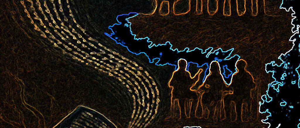 une fresque mi-réaliste mi-symbolique représentant des racines qui se transforment en lignes d’écriture, courant d’un livre ouvert jusqu’à des silhouettes humaines en scène, comme si les mots devenaient vivants.