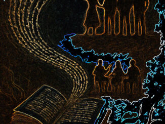 une fresque mi-réaliste mi-symbolique représentant des racines qui se transforment en lignes d’écriture, courant d’un livre ouvert jusqu’à des silhouettes humaines en scène, comme si les mots devenaient vivants.