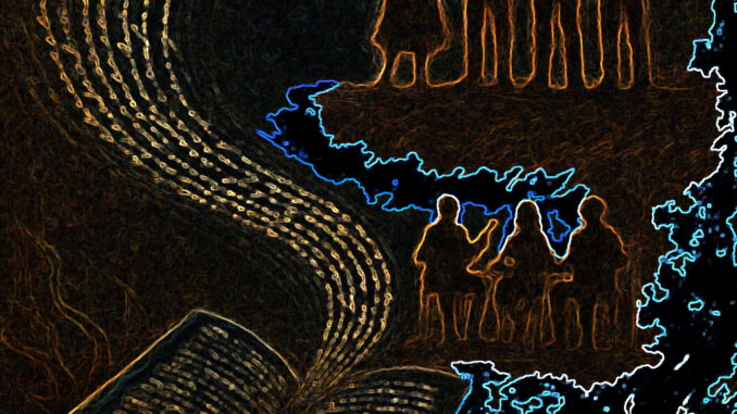 une fresque mi-réaliste mi-symbolique représentant des racines qui se transforment en lignes d’écriture, courant d’un livre ouvert jusqu’à des silhouettes humaines en scène, comme si les mots devenaient vivants.