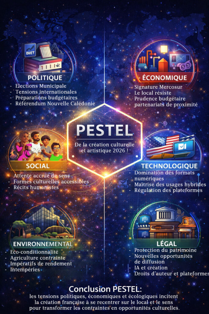 Géopolitique, économie, climat, technologies et récits globaux : les forces externes dessinent le cadre dans lequel la création française doit s’inscrire, s’adapter et parfois résister.