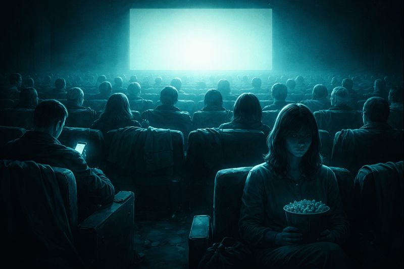 Salle de cinéma sombre baignée d’une lumière bleu-verte; spectateurs assis côte à côte mais isolés, hypnotisés par l’écran.