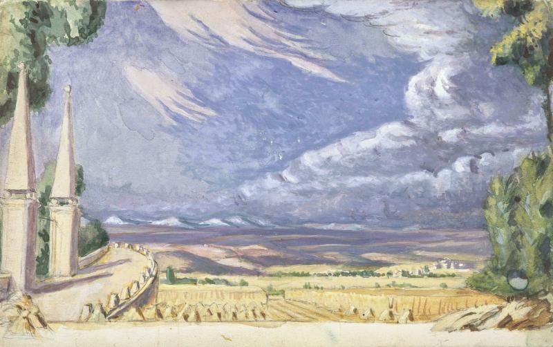 Décor peint : paysage panoramique sous un ciel dramatique, avec obélisques au loin (Pierre Roy, 1948).