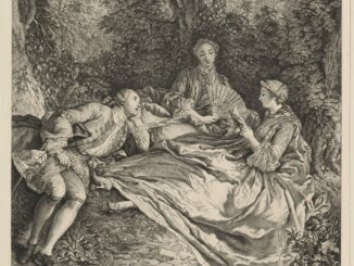 Scène d’époque: plusieurs personnes lisent et échangent dans un parc, atmosphère paisible.