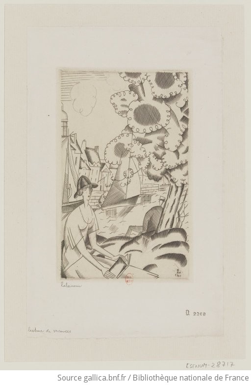 Estampe stylisée: une personne lit en extérieur, ambiance de villégiature.