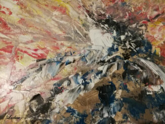 Peinture abstraite signée LIOBAU, aux larges gestes de matière blanche, noire, bleue et dorée, traversant un fond lumineux aux nuances beige, rouge et jaune.