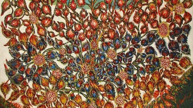 L’Arbre de vie de Séraphine Louis, œuvre végétale foisonnante aux rouges et bleus profonds, peinte en 1928.