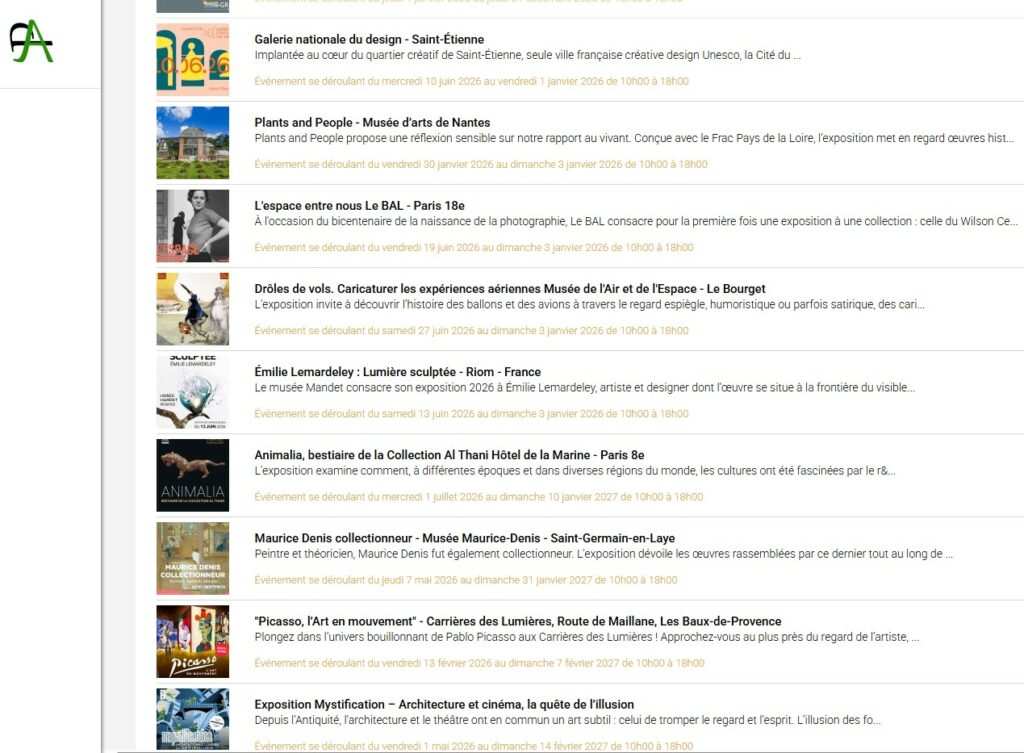 Aperçu des événements artistiques signalés sur Partageos.com, avec des rendez-vous déjà annoncés jusqu’en 2027.