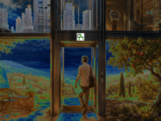 Illustration symbolique d’un ascenseur ouvert entre une ville moderne et une campagne provençale, où un artiste choisit de redescendre vers un paysage apaisé, un chevalet et un arbousier.