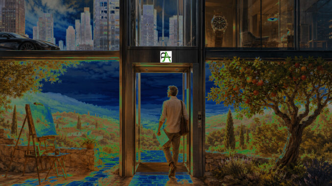 Illustration symbolique d’un ascenseur ouvert entre une ville moderne et une campagne provençale, où un artiste choisit de redescendre vers un paysage apaisé, un chevalet et un arbousier.