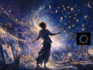 Une silhouette en mouvement, au cœur d’un atelier cosmique, est entourée de notes de musique, de nombres premiers, de constellations, de pinceaux et d’instruments scientifiques, symbolisant la rencontre entre arts, sciences et créativité humaine.