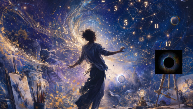 Une silhouette en mouvement, au cœur d’un atelier cosmique, est entourée de notes de musique, de nombres premiers, de constellations, de pinceaux et d’instruments scientifiques, symbolisant la rencontre entre arts, sciences et créativité humaine.