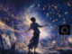 Une silhouette en mouvement, au cœur d’un atelier cosmique, est entourée de notes de musique, de nombres premiers, de constellations, de pinceaux et d’instruments scientifiques, symbolisant la rencontre entre arts, sciences et créativité humaine.
