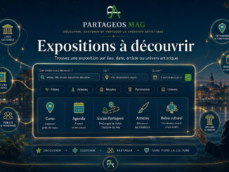 Illustration Partageos Mag présentant le service « Expositions à découvrir » : recherche d’expositions par lieu, date, artiste ou univers artistique, avec carte, agenda, Escale Partageos, artistes, musées et patrimoine, reliés dans un même écosystème culturel.